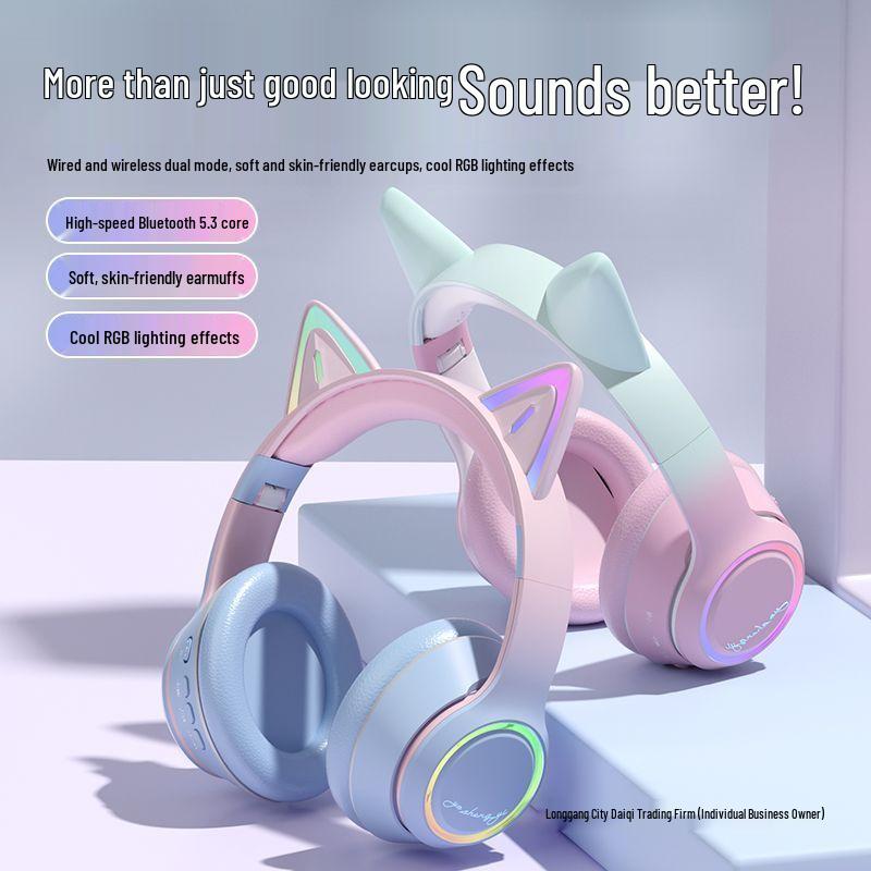 Беспроводная Bluetooth игровая гарнитура с кошачьими ушками и шумоподавлением для ноутбуков и мобильных устройств