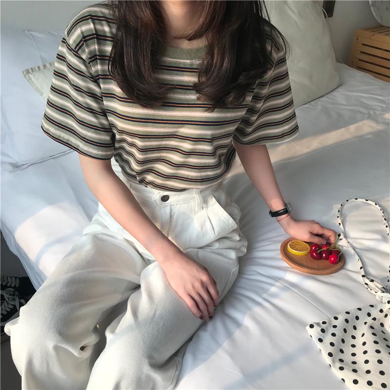 Women's Crew Neck Short Sleeve T Shirt Loose Fit Casual Stripe Print Basic Top Summer Daily Blouse