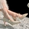 Fashion New Pearl One-Line Shallow Sequin Shoes with Pointed Toe, Non-Slip and Wear-Resistant Square Heel