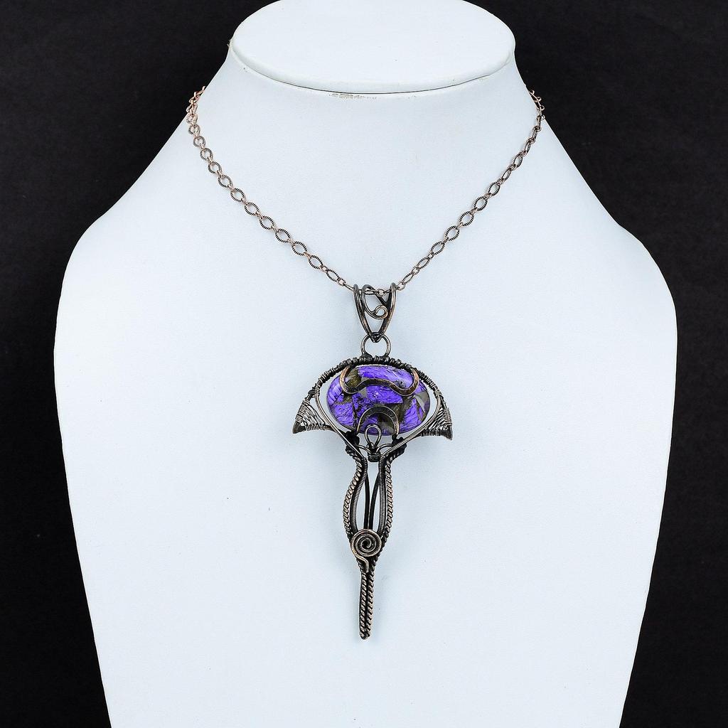 Медный кулон с чароитом, обернутый медной проволокой, кулон из натурального драгоценного камня, дизайнерский кулон ручной работы, чудесное медное ювелирное украшение в подарок для нее