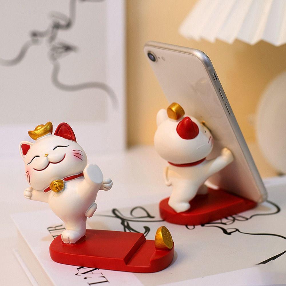 Lucky Cat Mobile Phone Stand Chinese Style Desk Decoration Mobile Phone Bracket Handmade Resin Tablet Bracket For Mobile Phones