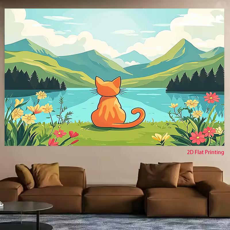 2D Рыжий кот, смотрящий на горное озеро, Гобелен Мультяшная природа Настенный подвес