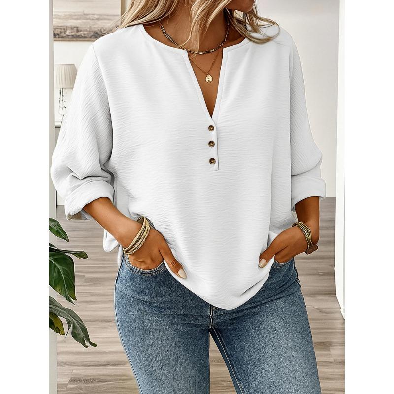 New Women's Casual Long-sleeved V-neck Door Barrel Regular Clean Multi-color Top T-shirt