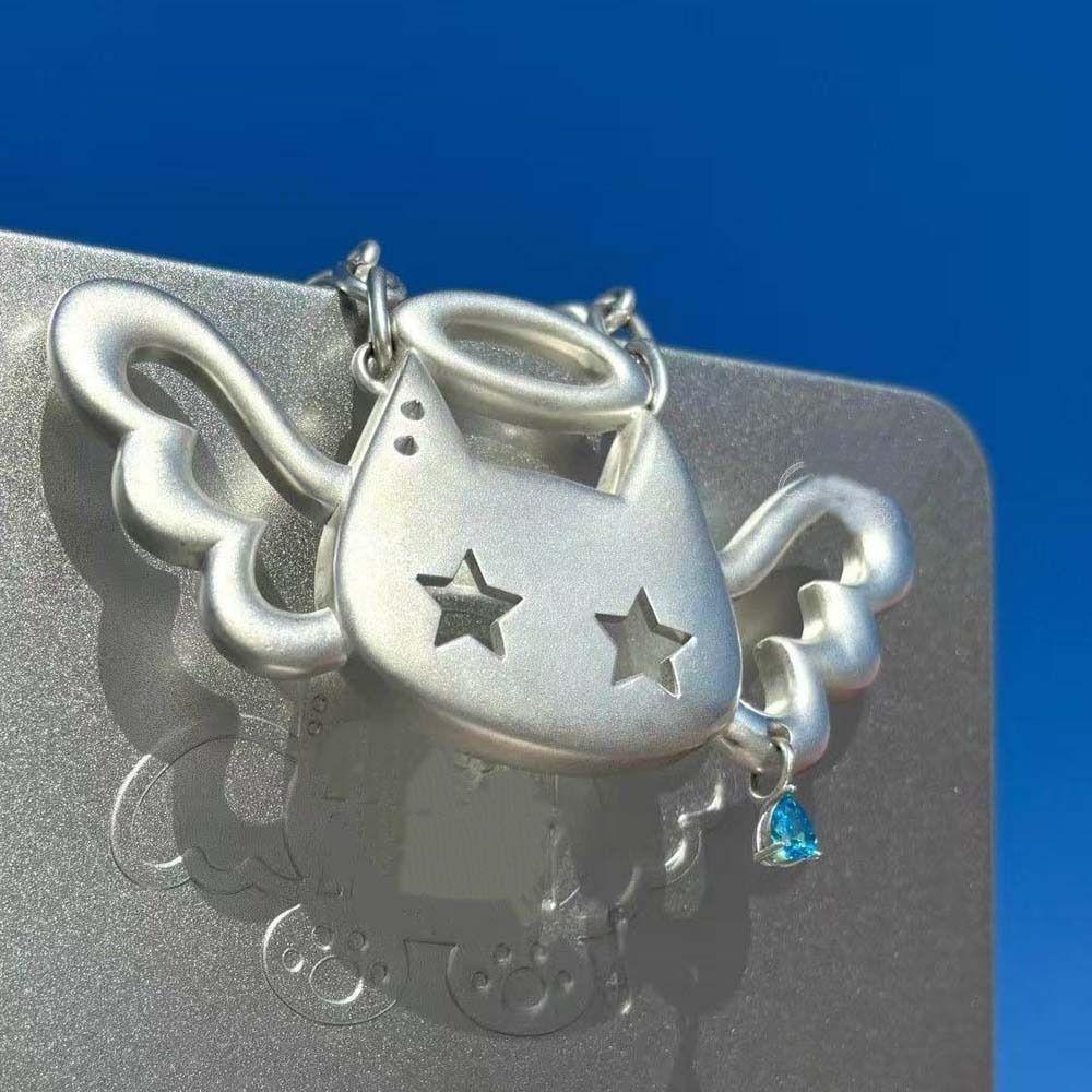 Silver Color Wing Cat Pendant Water Drop Necklace Punk Fashion Y2K Necklace  Women Girls