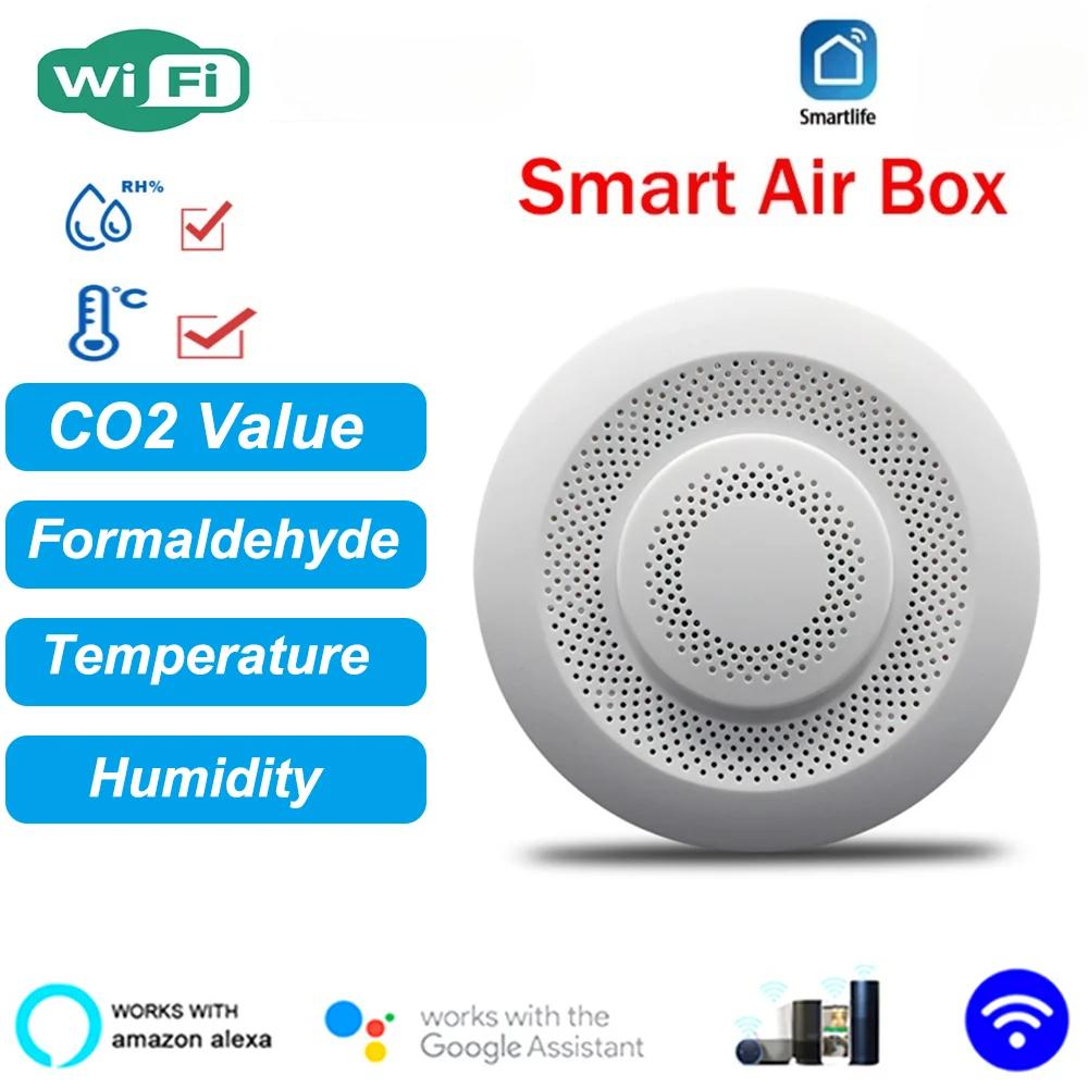 Многофункциональный WiFi-датчик качества воздуха Smart Air Box Измеритель CO2 Формальдегида TVOC Датчик температуры и влажности Работает с Alexa Google для домашнего детектора