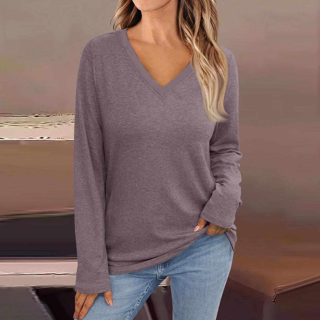 Женская модная винтажная футболка с длинным рукавом и V-образным вырезом в тон цвета осени