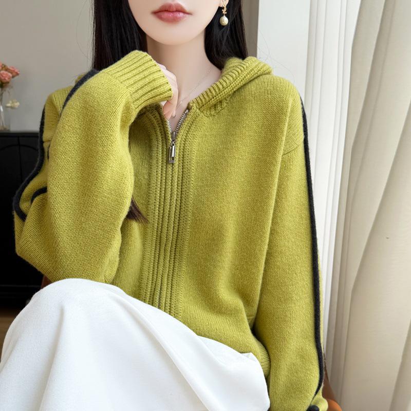 2026 A/W Women's Pure Wool Hooded Zip Cardigan - Thick Seven-Stitch Color Block Sweater