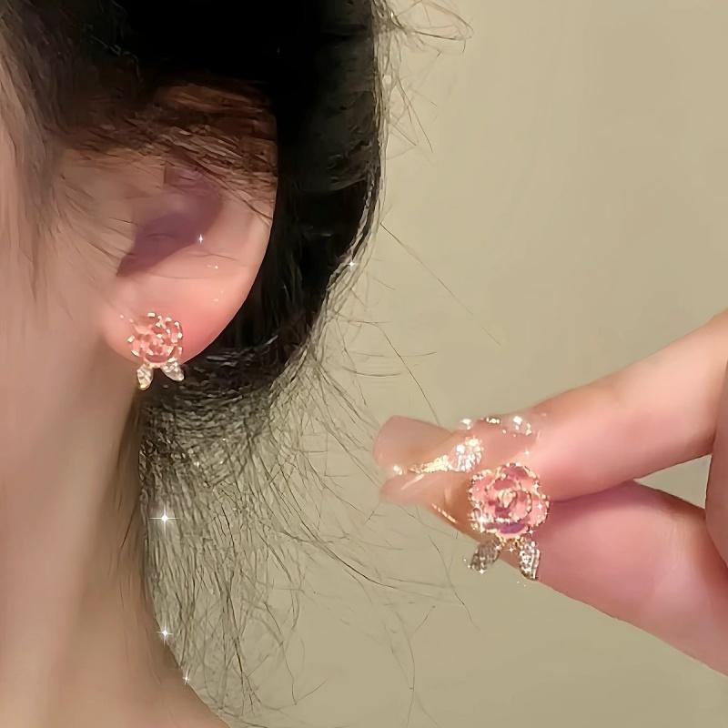 Korea Pink Flower Stud Earrings for Women Fashion Charming 925 Silver Needle Sweet Girls Earrings Statement Wedding Jewelry 2025