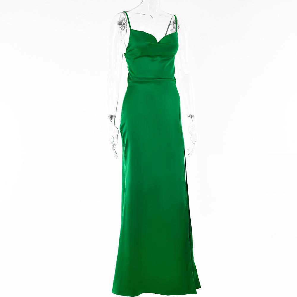 Women's Satin Cowl Neck Spaghetti Strap Backless High Slit Bodycon Maxi Dress Sexy Evening Cocktail Wedding Guest Formal Dress