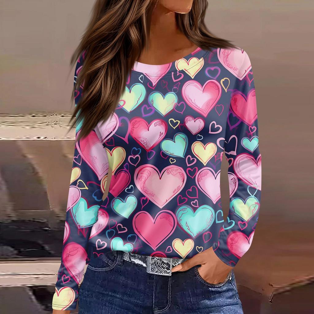 Женская модная повседневная футболка с разрезом и круглым вырезом, длинным рукавом, с принтом ко Дню святого Валентина, женская футболка