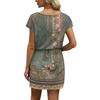 Women's Summer V-Neck Casual Short Sleeve Drawstring With Pocket Vintage Floral Dresses