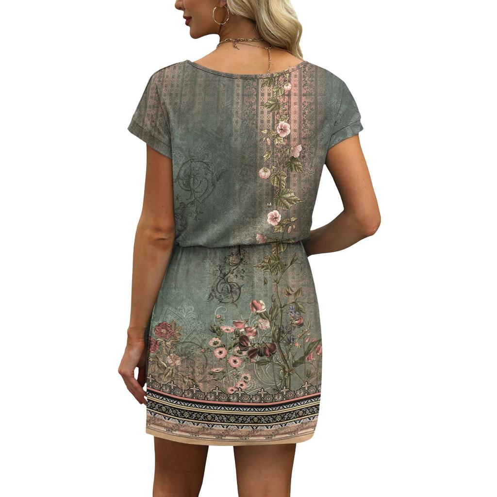 Women's Summer V-Neck Casual Short Sleeve Drawstring With Pocket Vintage Floral Dresses