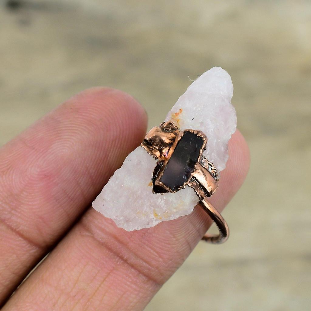 Rose Quartz Rough Ring Smoky Quartz Ring Electroformed Copper Gemstone Ring Handmade Jewelry Adjustable Ring Copper Jewelry Gifts For Mother