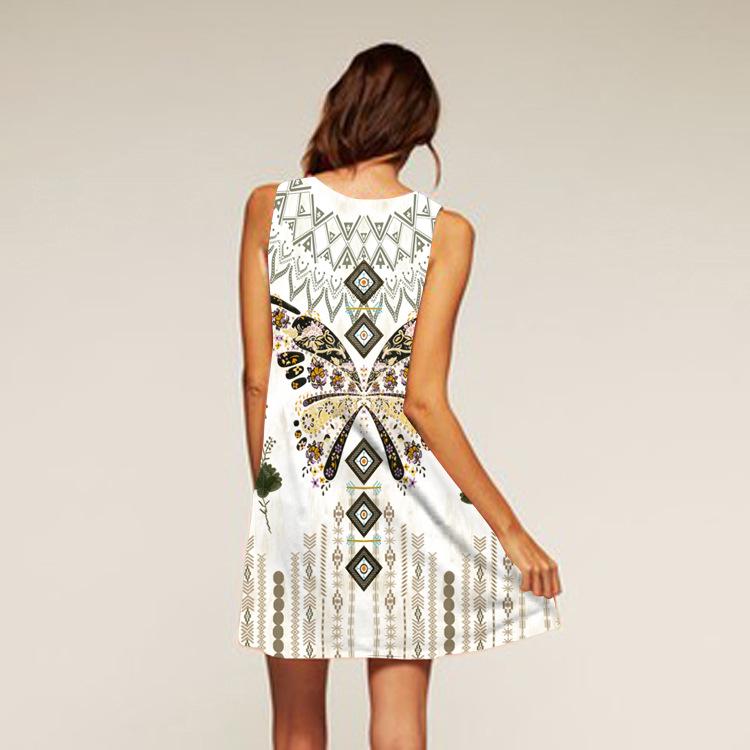 European Station European and American new retro digital printing round neck hot-selling off-the-shoulder medium and long vest dress