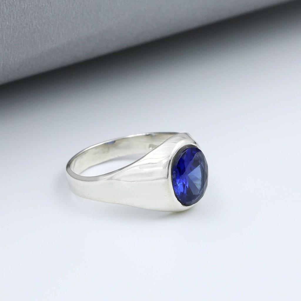 Blue Sapphire Lab Created Gemstone Ring, Mens Ring, Wedding Engagement Ring, Father Gift, Unisex Ring, 925 Sterling Silver