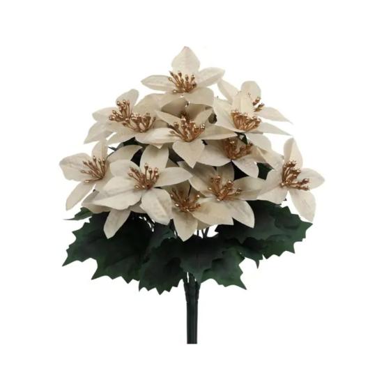 Artificial Poinsettia Bouquet with Green Leaves 4 Fork UV Resistant Fake Silk Flower Home Table Centerpiece Indoor Outdoor Faux Bloom Decoration
