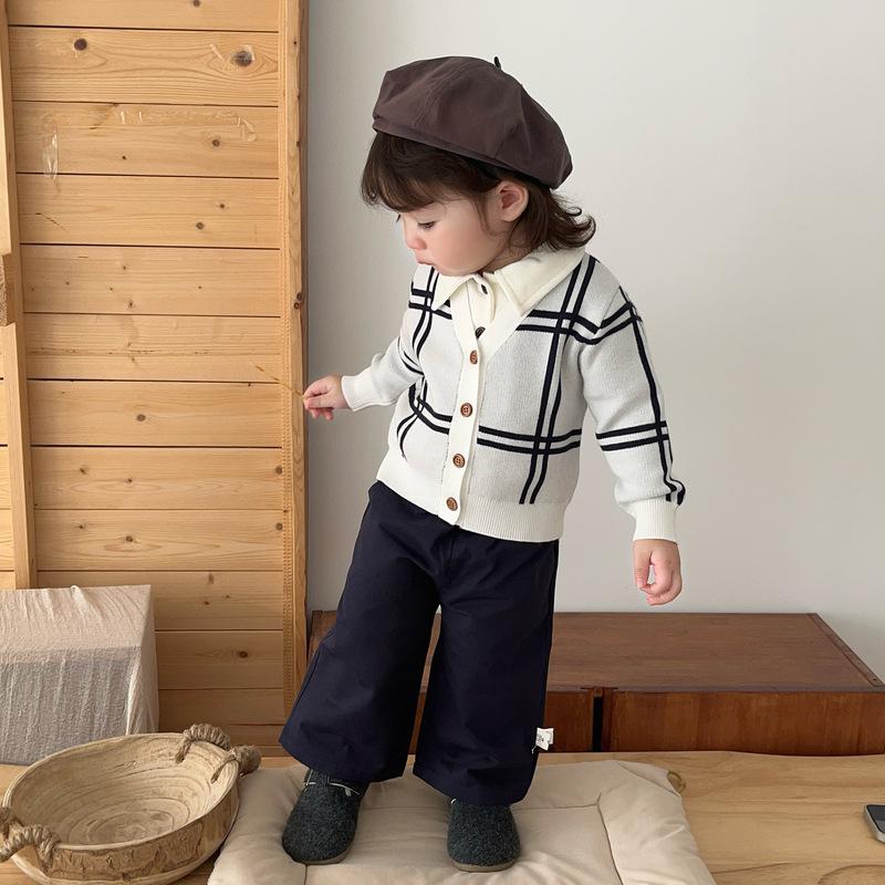 Children'S Retro Plaid Knitted Jacket Spring And Autumn Baby Lapel Inner Matching Baby Versatile Loose Casual Pants