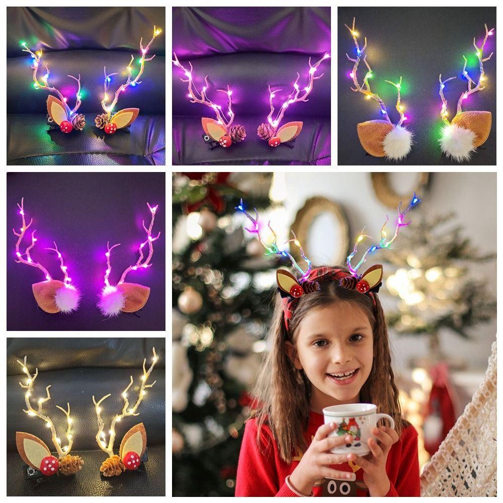 Со светодиодной подсветкой, рождественские рога, заколка, рога оленя, светящаяся заколка для волос, женская