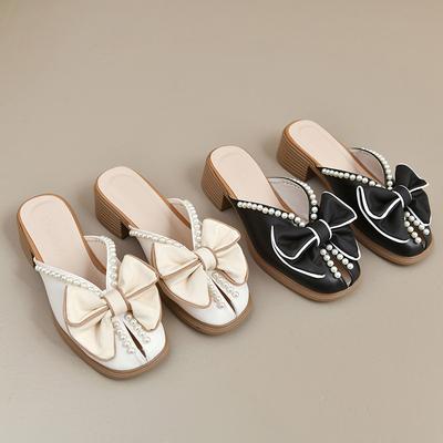 Модные шлепанцы с закрытым носком, повседневная женская обувь, шлепанцы с бусинами, роскошные шлепанцы с бантом-бабочкой, лето 2025, мягкий квадратный каблук, бант-бабочка