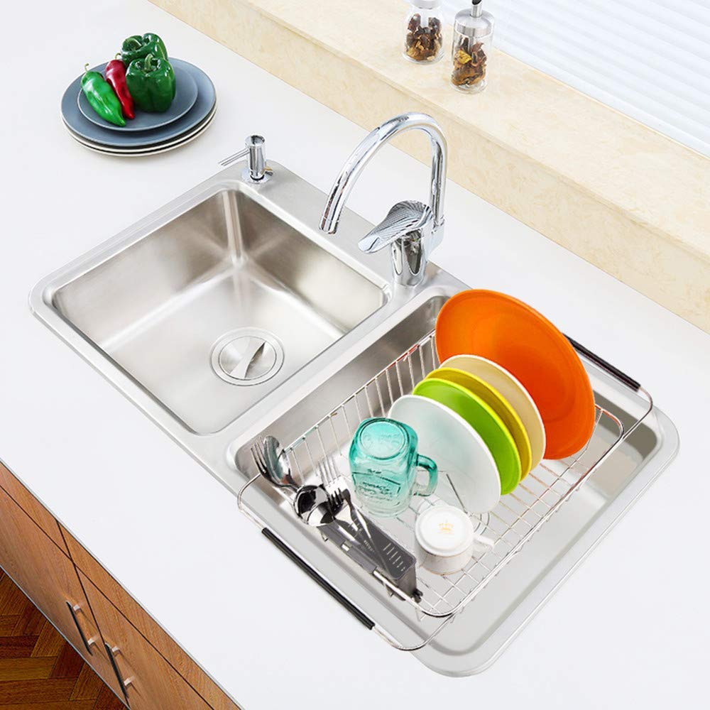 SANNO Expandable Dish Drainer Wire Sliding Dish Dish Drainer Kitchen Dish Cutlery Holder Stainless Steel Basket, Drainer, Rack, Rack, Holder,