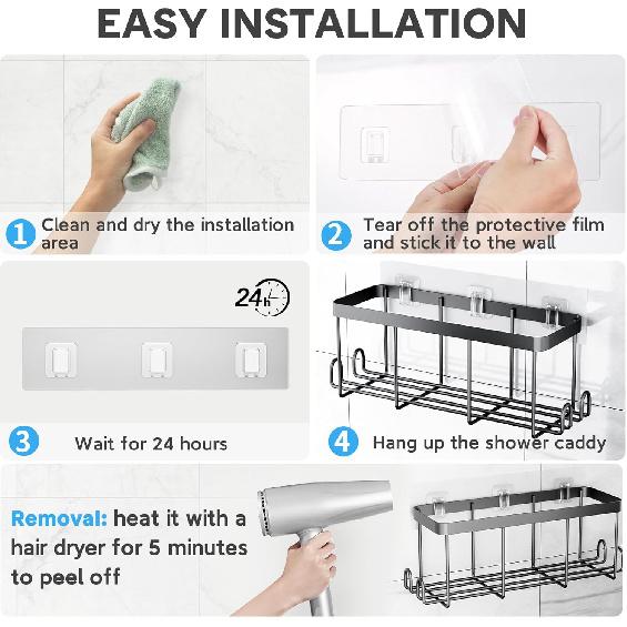 14 Pack Shower Caddy Adhesive Replacement Flat, Transparent Strong Adhesive Hooks, No Drilling, Waterproof Wall Hooks for Shower Caddy, Bathroom
