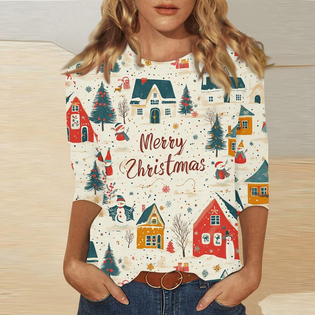 Women's Fashion Casual Three-quarter Sleeve Christmas Printed Round Neck Pullover Top