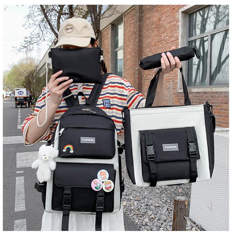Корейская версия, женский холщовый рюкзак большой емкости, комплект из 4 предметов, рюкзак для средней школы, простые износостойкие школьные сумки с сумкой для ручек