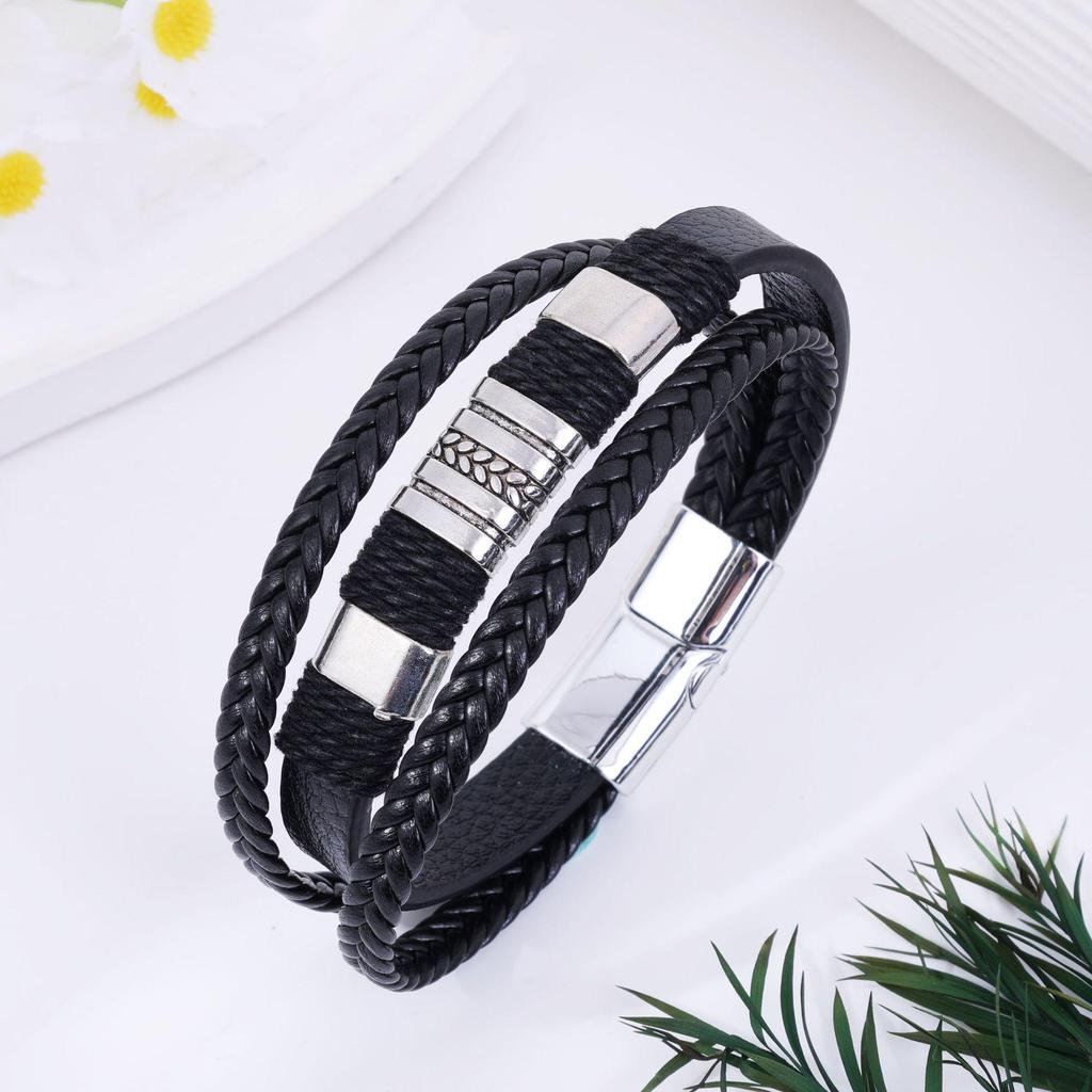 Мужской браслет из многослойной плетеной кожи в европейском и американском стиле - Универсальный модный хип-хоп браслет