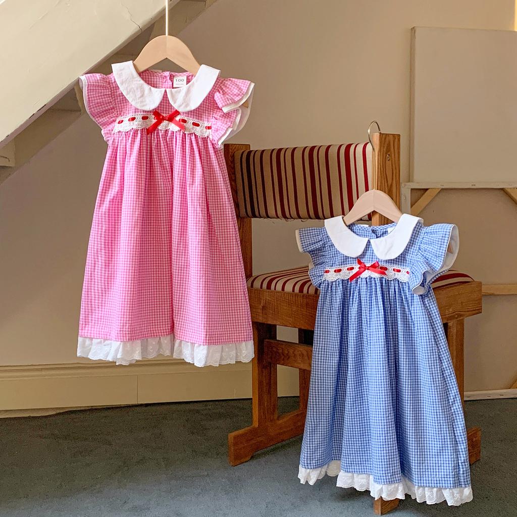 Girls Summer Plaid Princess Dress With Peter Pan Collar Lace Trim Flutter Sleeves And Bow Tie Casual Party Sundress For Kids