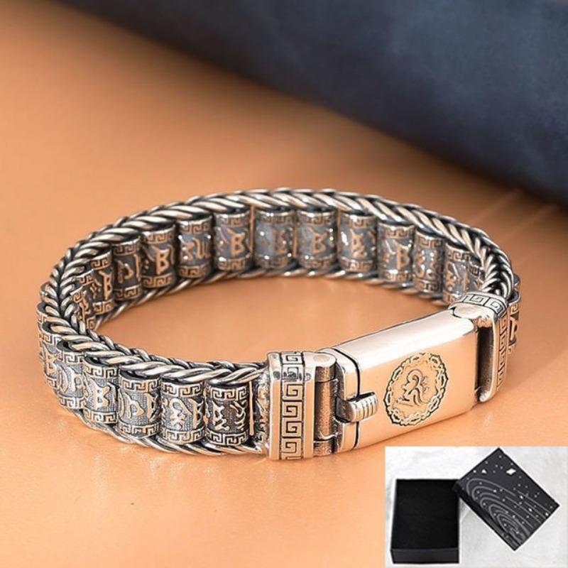 Браслет-мантра из шести символов паспарту для мужчин, нишевый дизайн, ручная работа, креативный ретро-серебряный легкий роскошный браслет для женщин