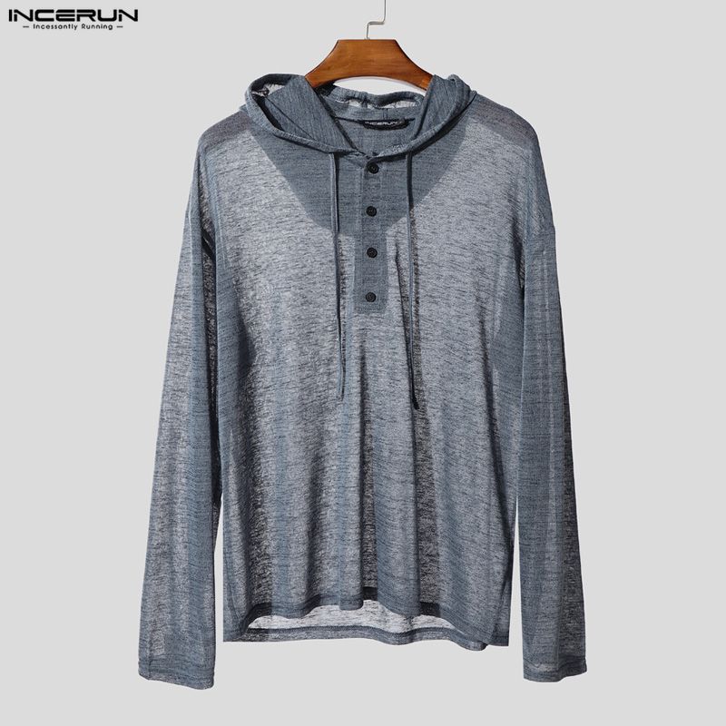INCERUN Мужские прозрачные топы и футболки оверсайз с длинным рукавом, свободного кроя, с капюшоном на шнурке