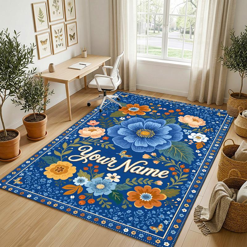 Floral Artwork Theme Soft Crystal Velvet Rug Custom Name & Text Print Non Slip Floor Rug for Bedroom Living Room