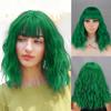 Green Color Cosplay Daily Wear Short Wavy Wig with Bangs Synthetic Fiber Shoulder Length Wavy Wig for Women