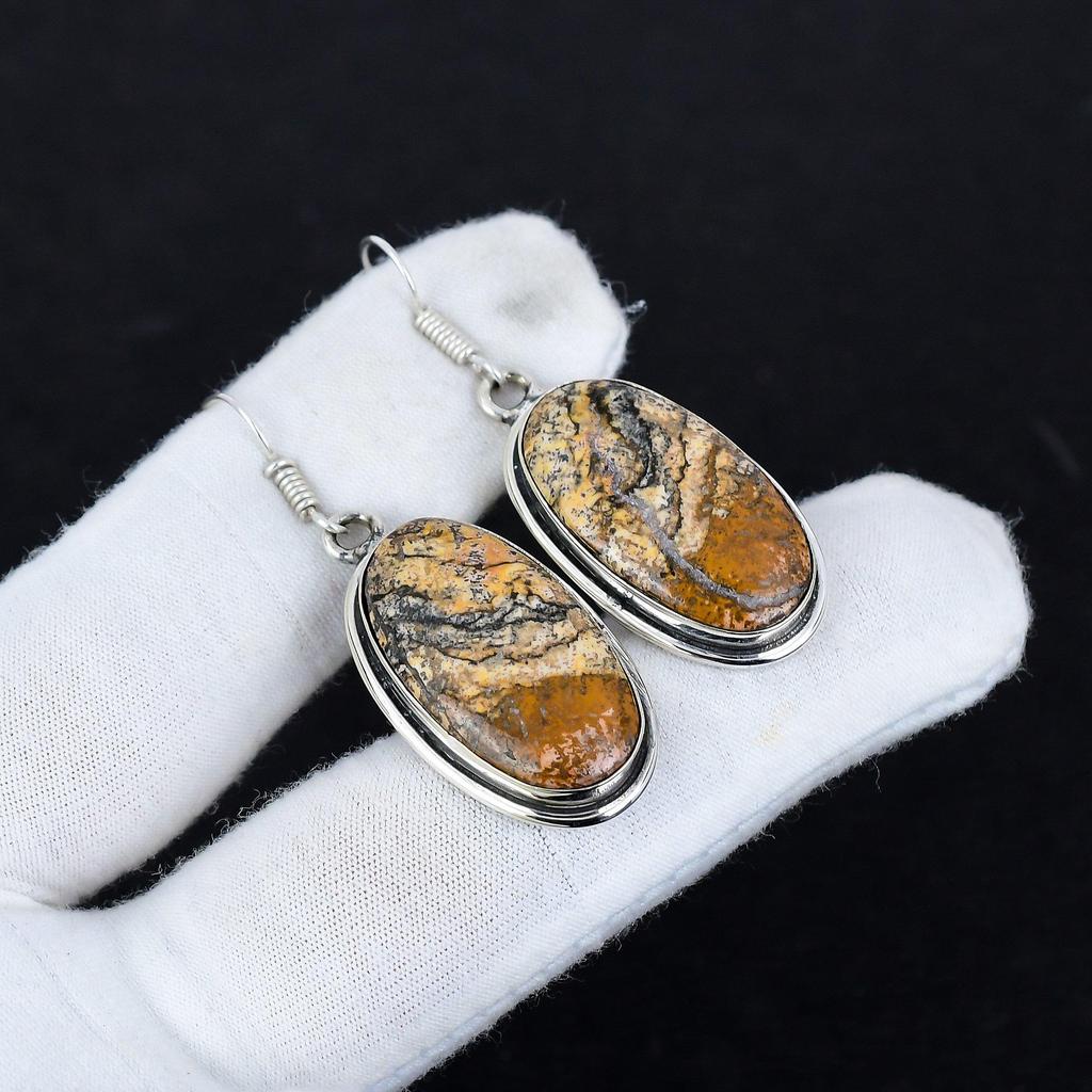 Natural Picture Jasper Gemstone Antique Earrings 925 Sterling Silver Earring, Boho Silver Jewelry Dangle Earrings, Gifts For Birthday Gifts For Her