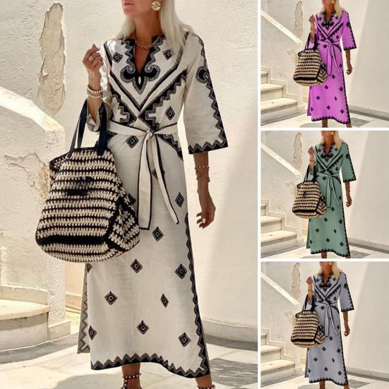 Платье на шнуровке с узкой талией и геометрическим принтом, с V-образным вырезом, рукавом три четверти, в тон, с разрезом подол, в богемном стиле, платье миди для отпуска