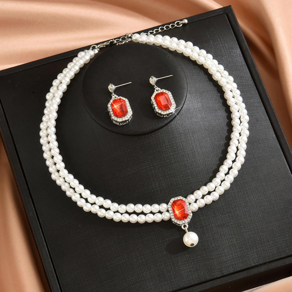 Ladies Two Layer Pearl Shines Oblong Crystal Necklace & Ear Drop Jewelry Set