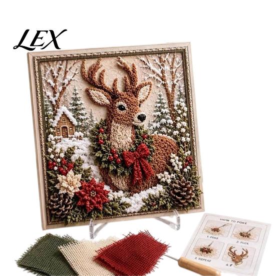 Festival Poke Art Kit 3D Christmas Fabric Kit, DIY Punch Needle Embroidery Set, Beginner Handmade Holiday No-Sew Crafts Projects for Adults and