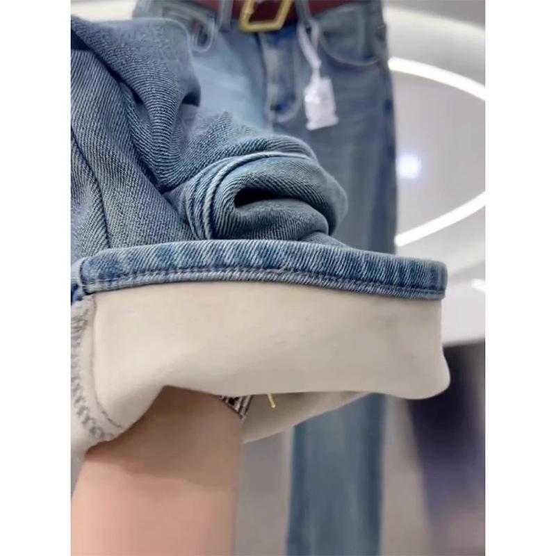 Джинсы больших размеров с высокой посадкой, на флисовой подкладке, с широкими штанинами для женщин - Осень/Зима 2024, стройнящий стиль