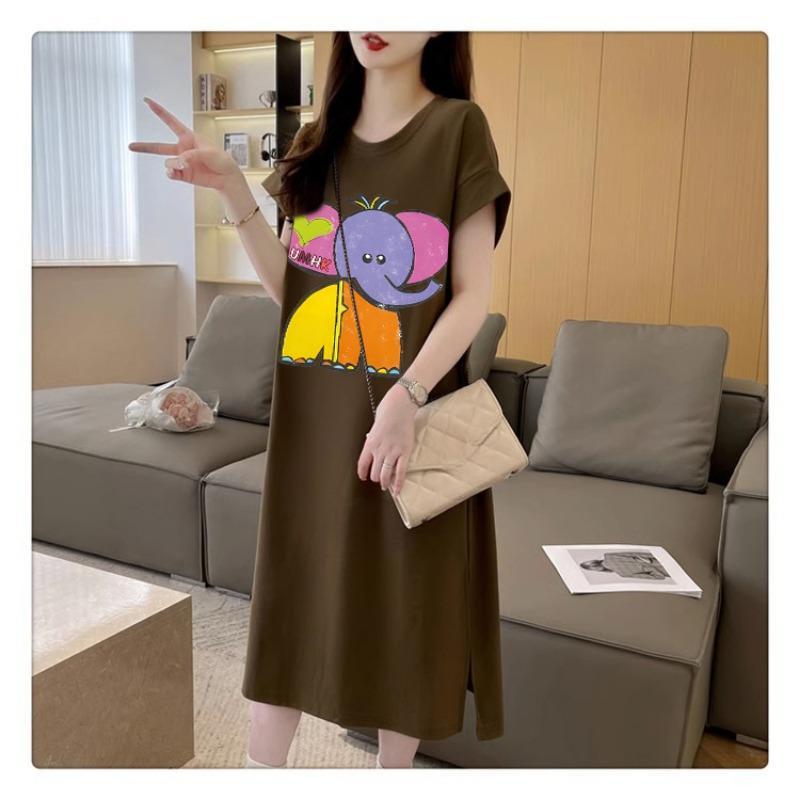 Женская футболка с короткими рукавами и рисунком, корейская версия свободного повседневного утягивающего платья с разрезом и летящими рукавами
