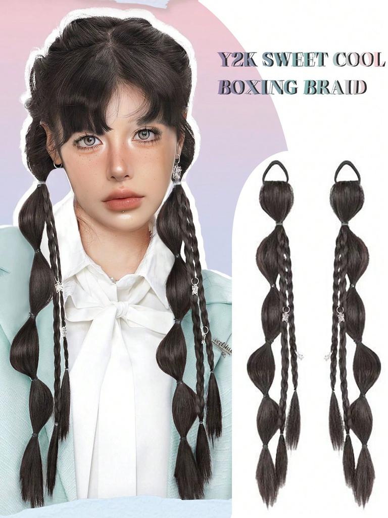 Synthetic Long Ponytail Extendeds Boxing Braid With Elastic Hair Loop Bubble Braid Double Ponytail Ring Buckle Heat Resistant Boxing Braid