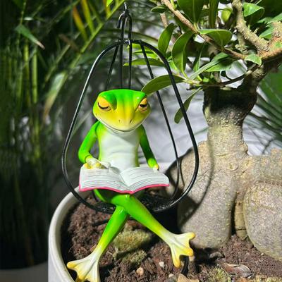 Подвесное кресло Гамак Читающий Лягушка Статуя Мультяшная Зеленая Лягушка Фигурка Смола Миниатюрная Скульптура Животного Для Дома