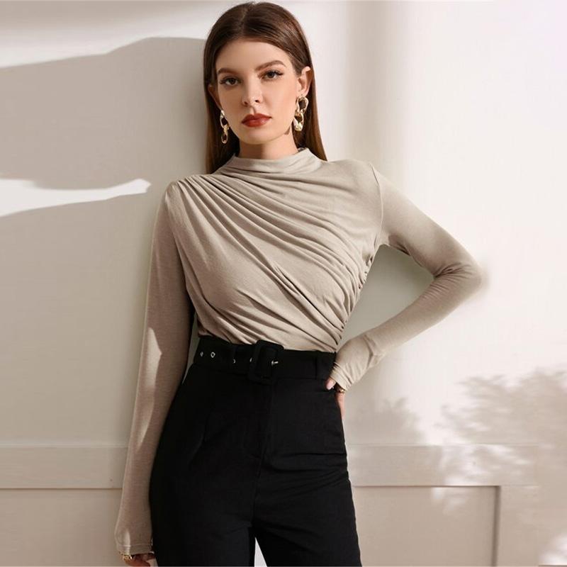 Autumn Women Long Sleeve Elastic Pure Color Going Out Tops Ruched Fashion Elegant Softy Slim Crop Top