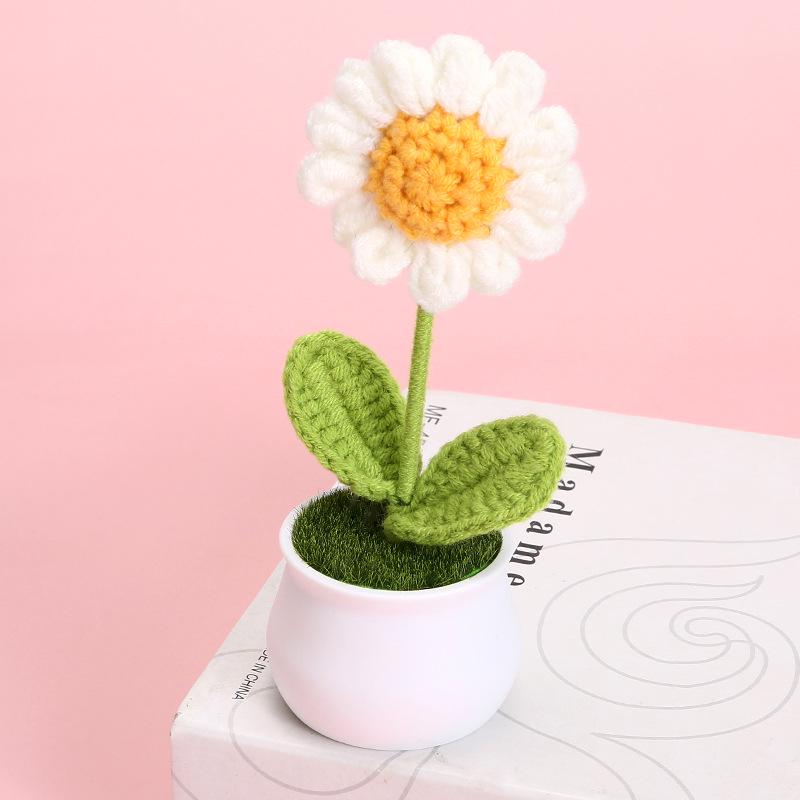 Handcrafted Wool-Knit Lavender & Red Daisies Potted Plant Ornament for Home or Office