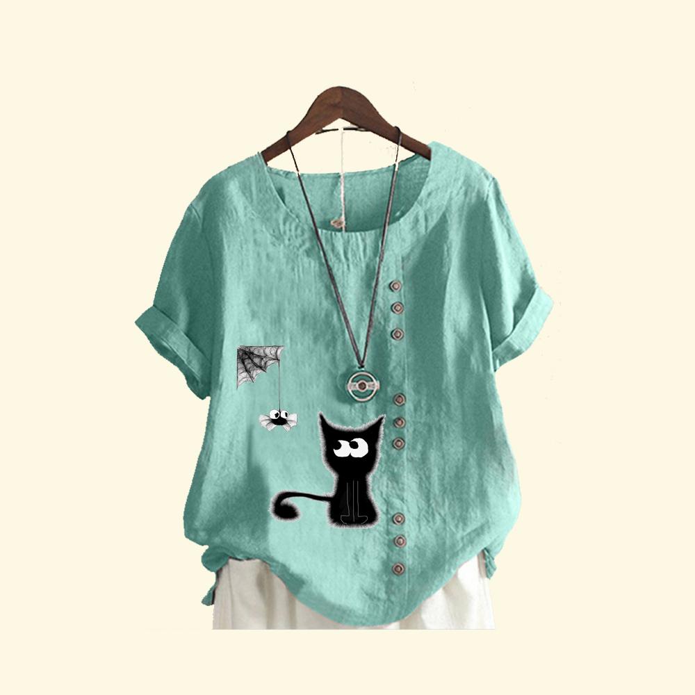 Ladies Pullover Loose Linen Blouse Women Casual Round Neck Cat Print Top Summer Fashion Short Sleeved T-shirt