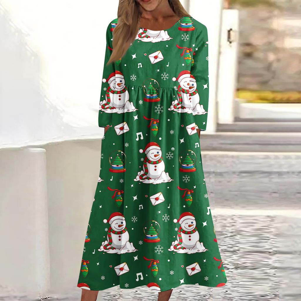 Women's Casual Round Neck Christmas Print Midi Dress Long Sleeve Pocket Dress