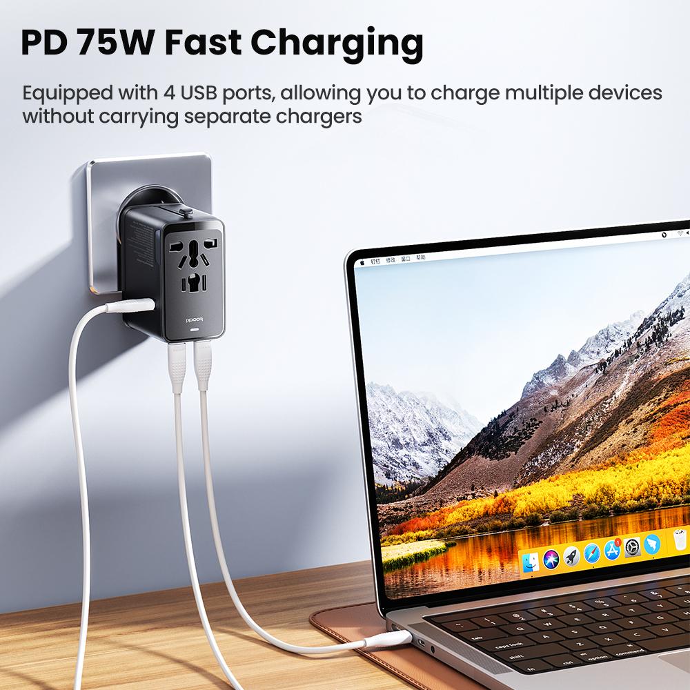 Toocki 75 Вт GaN Международный адаптер для путешествий с 3 портами USB-C и 1 портом USB-A Быстрая зарядка - Все в одном Зарядное устройство для путешествий для ЕС/США/Великобритании/Австралии