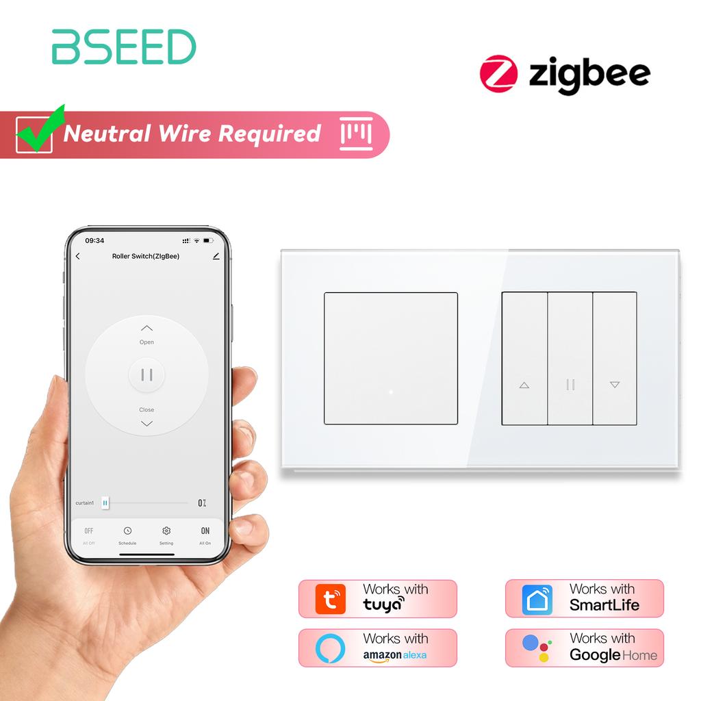 BSEED Zigbee Shutter Switch Series Wall Smart Click Switches Yellow Backlight Glass Frame Tuya APP Roller Switch EU Wall Sockets