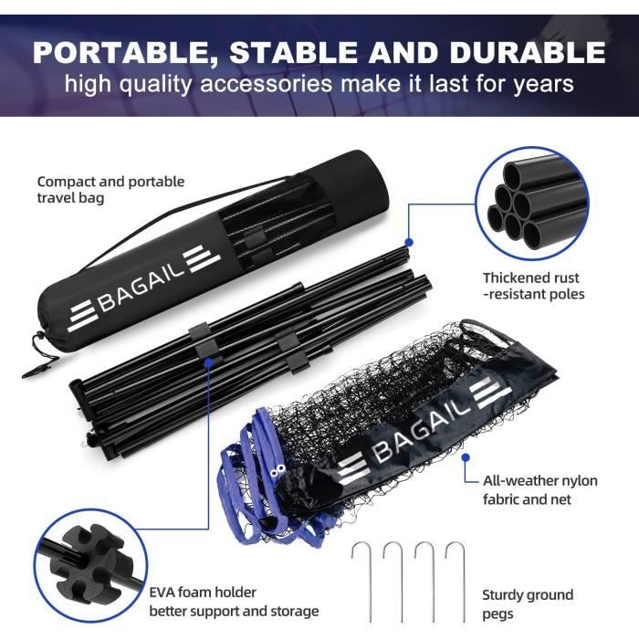 Filet de Badminton - BAGAIL - Eono - Pliable en Nylon - Hauteur Ajustable - Sac Portable