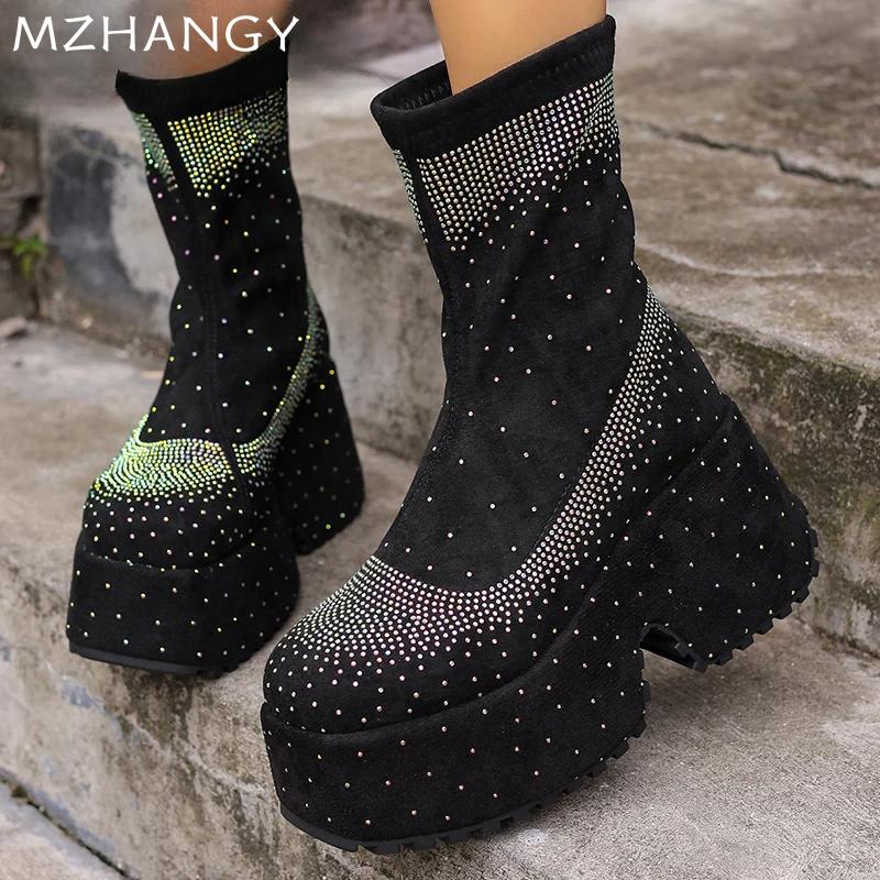 Модные женские ботильоны на платформе с кристаллами на высоком каблуке Desigenr Chunky Shoes Women 2025 Trend Winter Chelsea Boots New Goth Mujer Botas