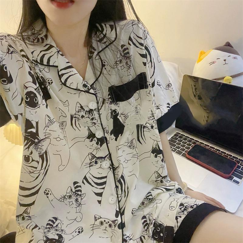 Spring Summer Short Sleeve Pajamas for Woman Korean 2 Piece Women Set Silk Fashion Sleepwear Cute Cartoon Cat Print Pink Satin Pajama Set Young Girl